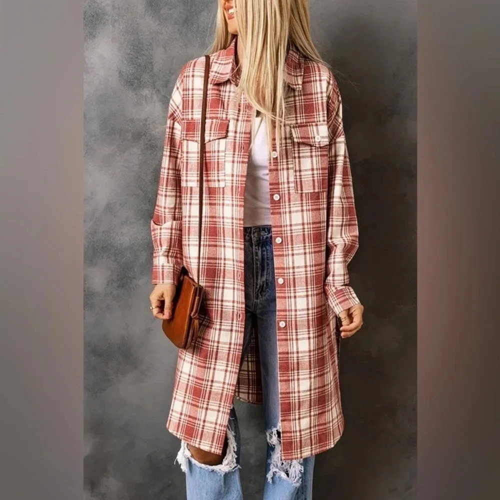 Plus Size Long Plaid Button Shacket 2X Oversized Fall Shirt Jacket